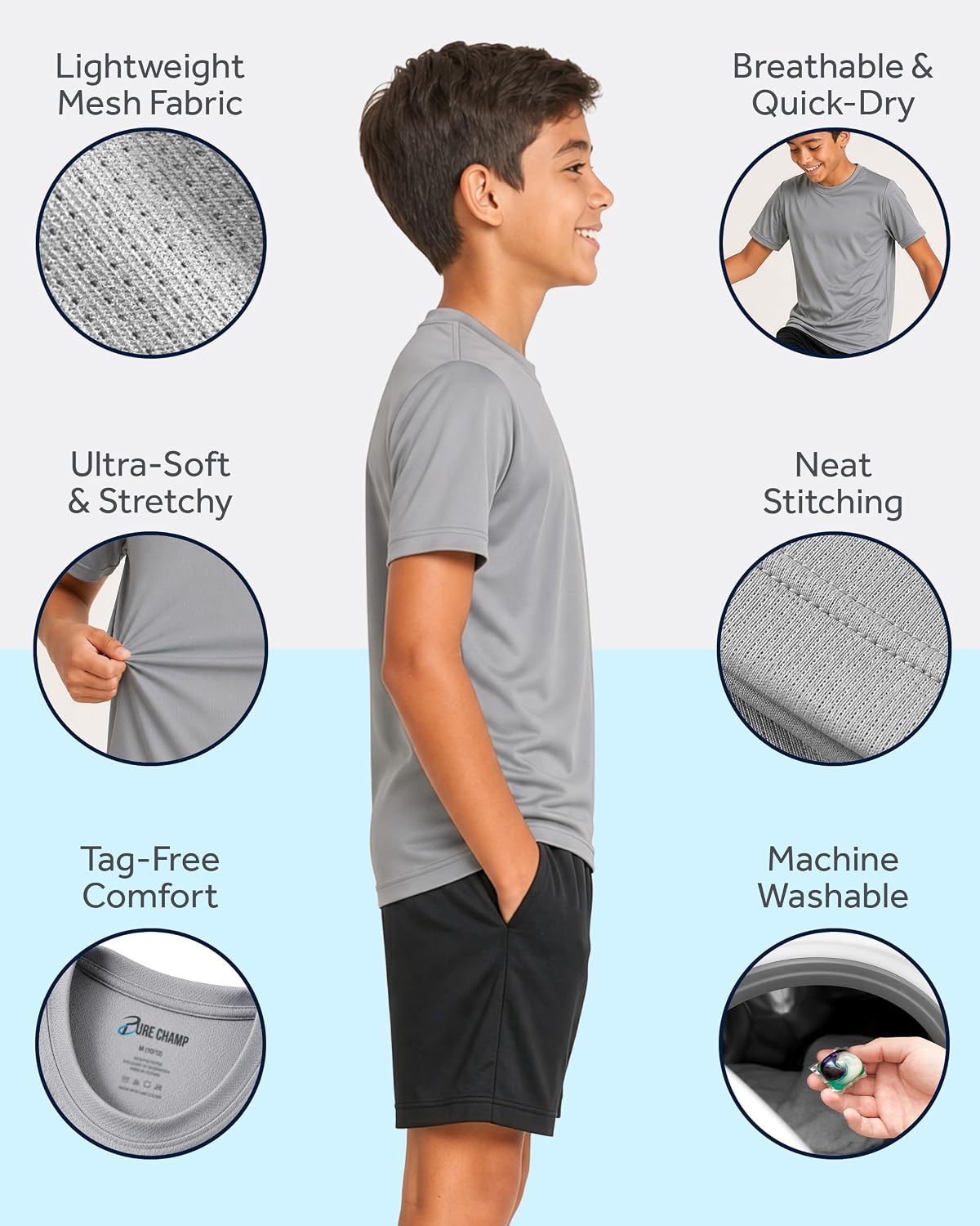 PURE CHAMP Boys Athletic Shirts 6 Pack Dry Fit Short Sleeve Boys Tshirts Basketball Baseball Soccer Tee Kids Youth & Teens - Image 2