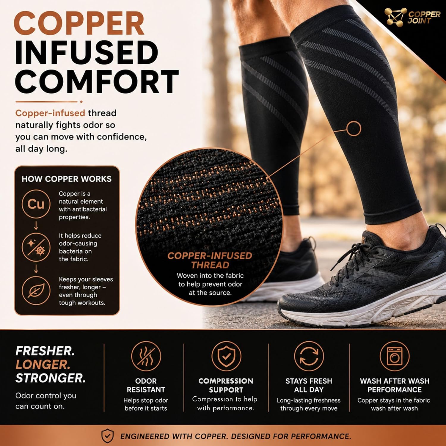 CopperJoint Calf Compression Sleeve for Men & Women Large Black-Firm Snug Fit Support for Shin Splints, Cramps, Varicose Veins-Copper Infused Nylon Pull-On Leg Sleeve for Sports & Daily Wear - Image 5