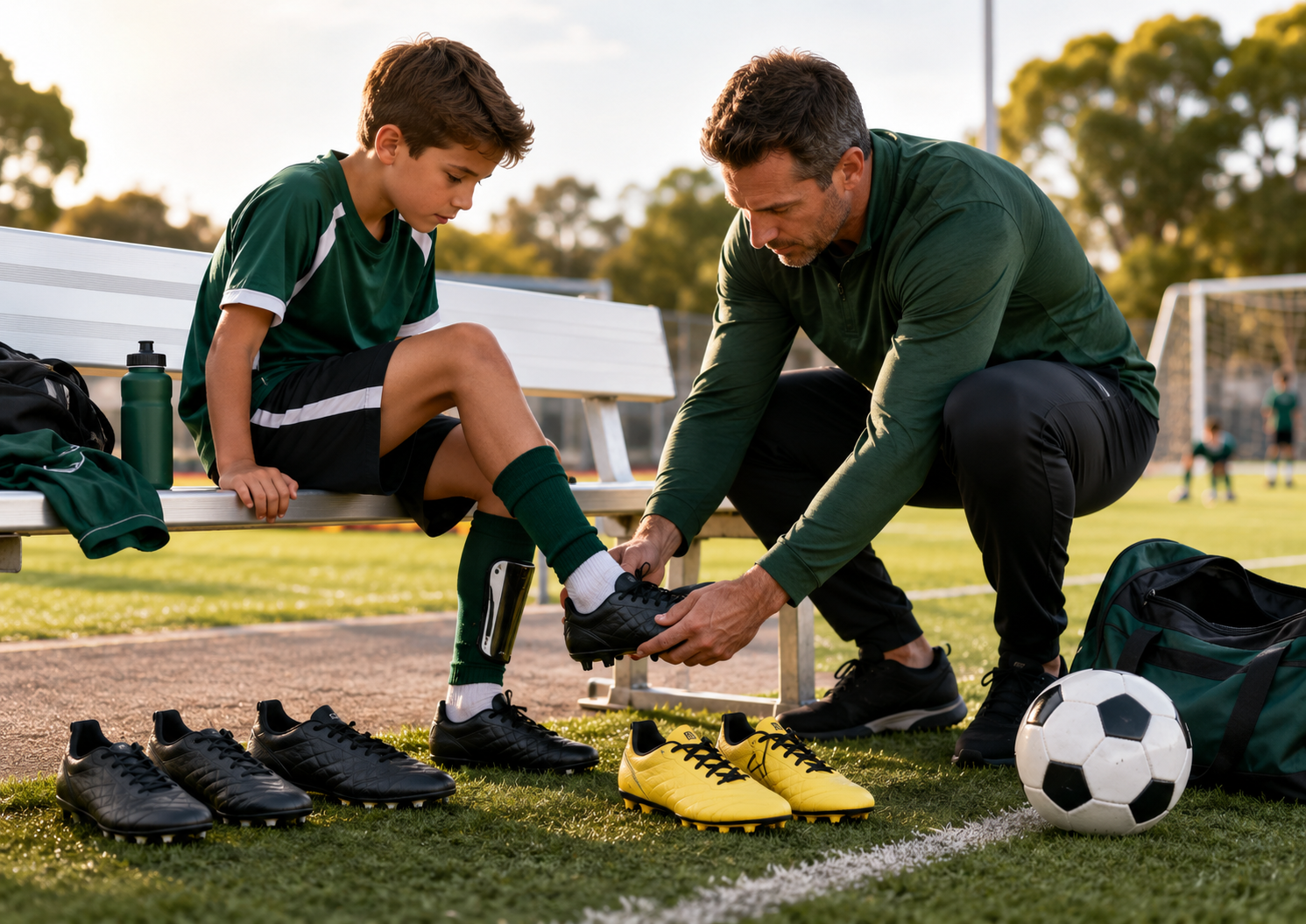 Young soccer player receiving help with soccer cleats