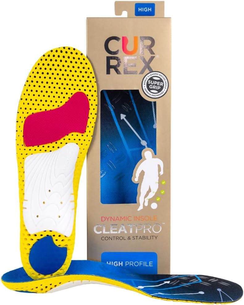 CURREX CLEATPRO - Thin, Arch Support Insoles, Comfort, Cushion & Stability in Cleats, Soccer, Football, Baseball, Softball, Super Grip for Control, Shock Absorbing Inserts, Men & Women (High Arch, XS)