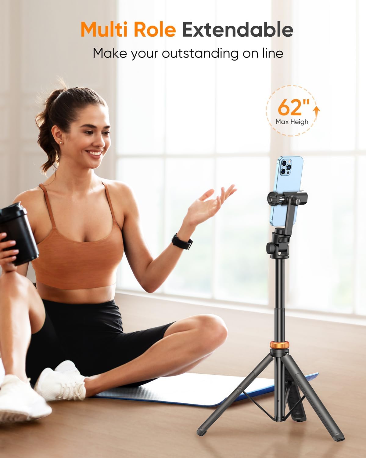 EUCOS 62" Phone Tripod, Tripod for iPhone & Selfie Stick with Remote | Extendable Cell Phone Stand & Ultimate Phone Holder, Solidest Phone Stand Compatible with iPhone/Android - Image 3