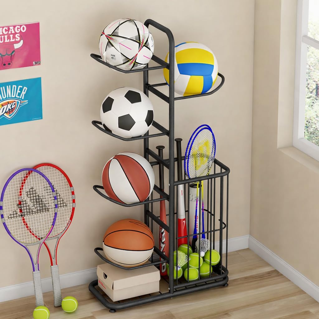 Multi-Function Sports Equipment Storage Racks - Adjustable and Durable Solutions for Organizing Balls, Toys, and Gear Indoors, in Garages, or Outdoors (5-tier-black-with Basket) - Image 3