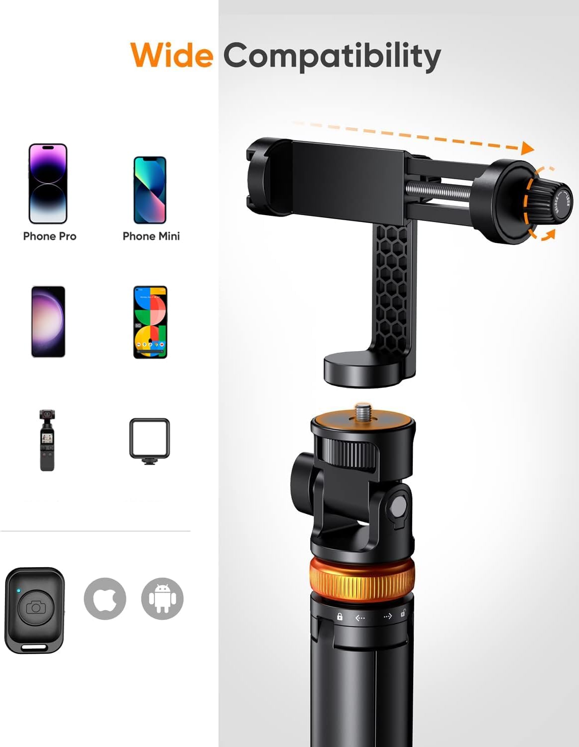 EUCOS 62" Phone Tripod, Tripod for iPhone & Selfie Stick with Remote | Extendable Cell Phone Stand & Ultimate Phone Holder, Solidest Phone Stand Compatible with iPhone/Android - Image 4