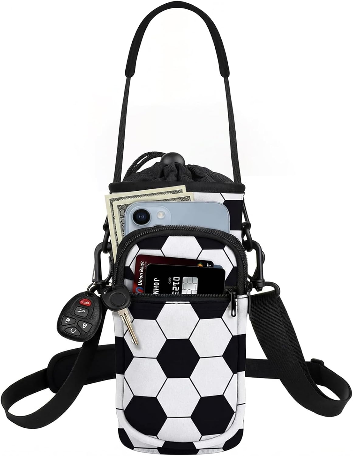 Crossbody Water Bottle Holder with Strap, Phone Pocket(SOCCER, 32, Ounces) | Insulated Neoprene, Sweat Proof Exterior, Dual Carry Options, Built-In Storage Slot, For Walking, Hiking, Camping And Gym