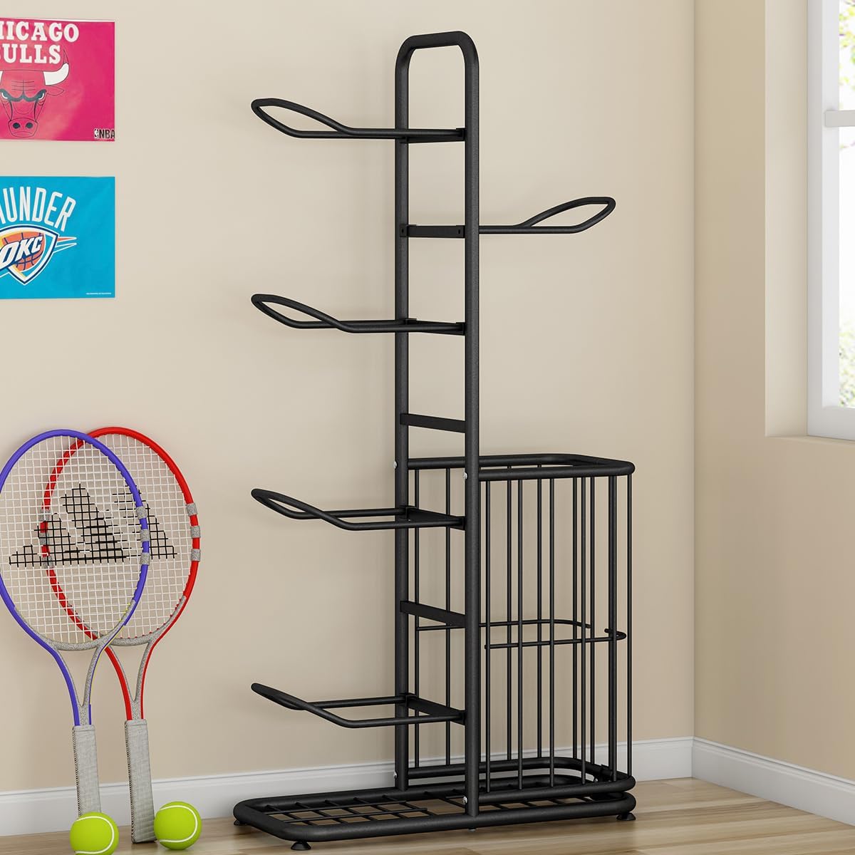 Multi-Function Sports Equipment Storage Racks - Adjustable and Durable Solutions for Organizing Balls, Toys, and Gear Indoors, in Garages, or Outdoors (5-tier-black-with Basket) - Image 6