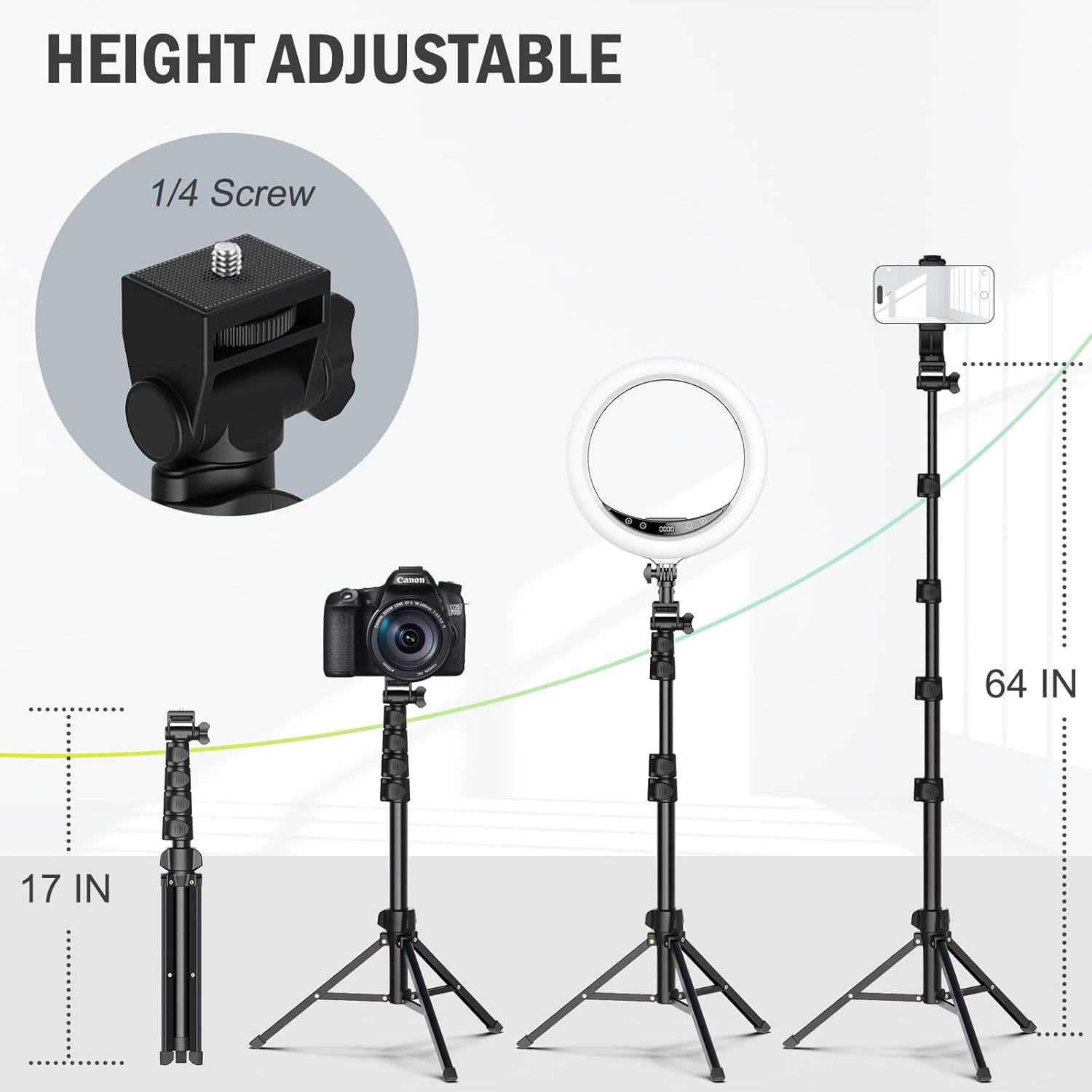 Liphisy 64” Tripod for Cell Phone & Camera, Phone Tripod with Remote and Phone Holder, Sturdy & Stable Height Adjustable Multi-Angle Shot Selfie Stick Tripod for Video Recording - Image 2