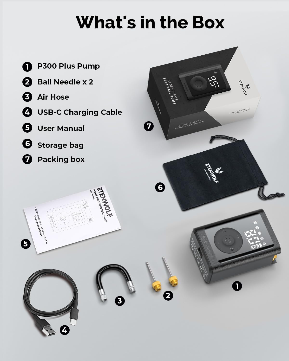 ETENWOLF P300 Plus Ball Pump, Electric Basketball Pump Inflation Deflation | with 3200 mAh Rechargeable Battery and 2 Needles, Air Pump for All Sports Balls - Image 8