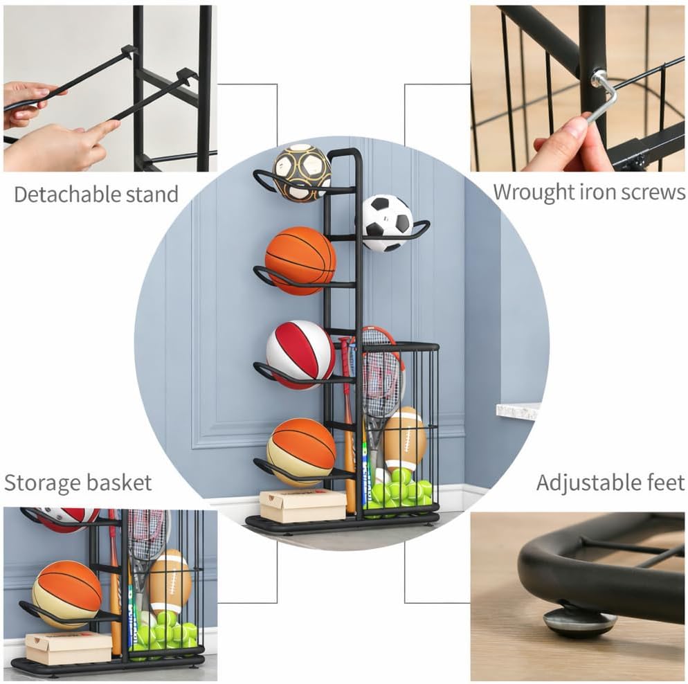 Multi-Function Sports Equipment Storage Racks - Adjustable and Durable Solutions for Organizing Balls, Toys, and Gear Indoors, in Garages, or Outdoors (5-tier-black-with Basket) - Image 4