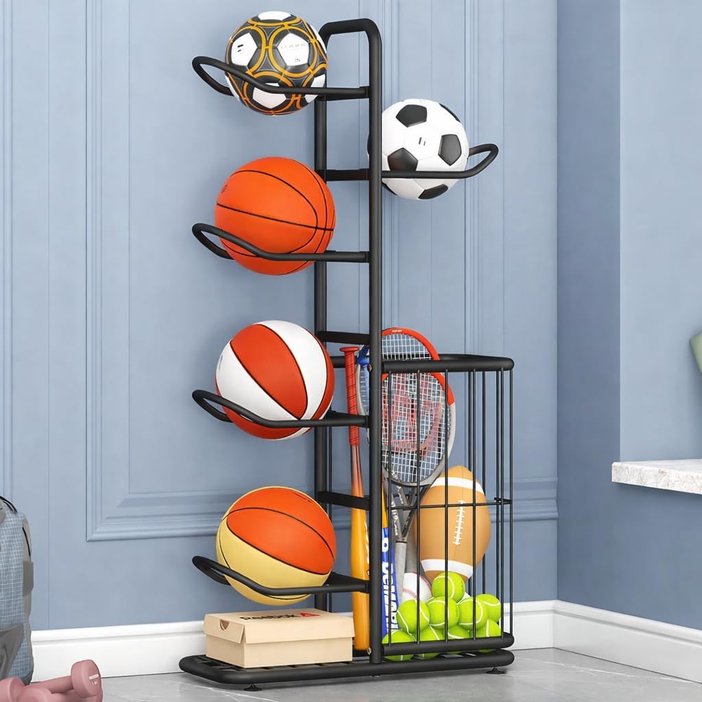 Multi-Function Sports Equipment Storage Racks - Adjustable and Durable Solutions for Organizing Balls, Toys, and Gear Indoors, in Garages, or Outdoors (5-tier-black-with Basket) - Image 5