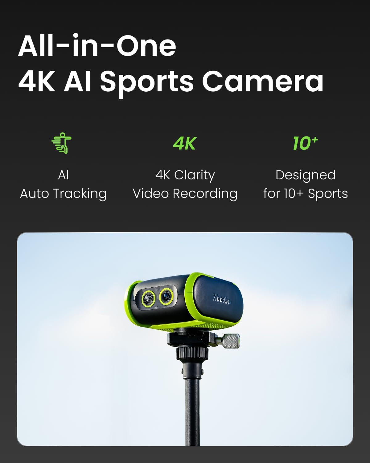 XbotGo Falcon All-in-One AI Action Camera, 4K Auto Tracking Sport Camera for Soccer, Basketball & Football, Dual-Lens Team Sports Recorder with Live Streaming, No Subscription Required (Edge Green) - Image 2