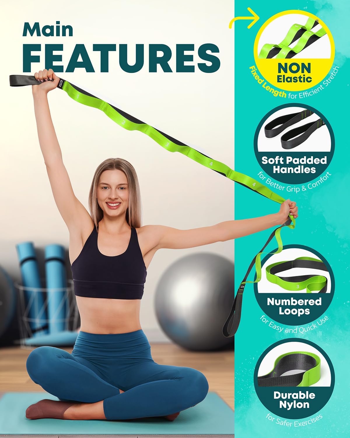 Stretching Strap with Loops - Non Elastic Yoga Strap for Physical Therapy | Video Exercises Included - Stretch bands for Stretching Equipment and Flexibility - Fascia, Hamstring & Leg Stretcher Belt - Image 4