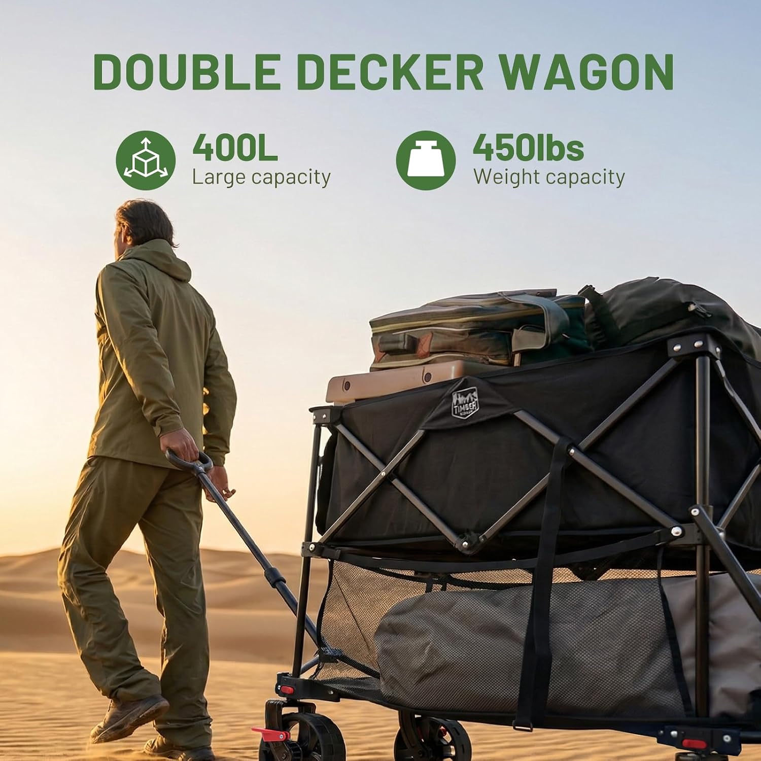 TIMBER RIDGE 400L Folding Double Decker Wagon with Brakes, 54" Extra Long | Extender Wagon Cart, 450lbs Heavy Duty Collapsible Cart with All-Terrain Big Wheels for Camping, Sports, Shopping - Image 2