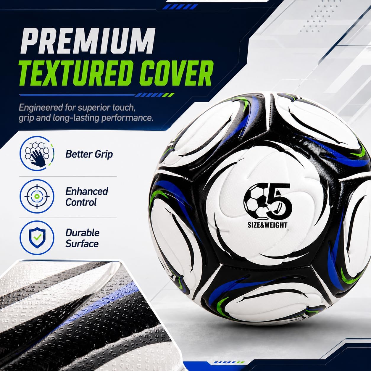 Soccer Ball Size 5 with Pump, Durable Training Ball for Indoor Outdoor Use | Textured cover and reinforced stitching support responsive touch, control and repeated play on grass, turf and courts. - Image 3