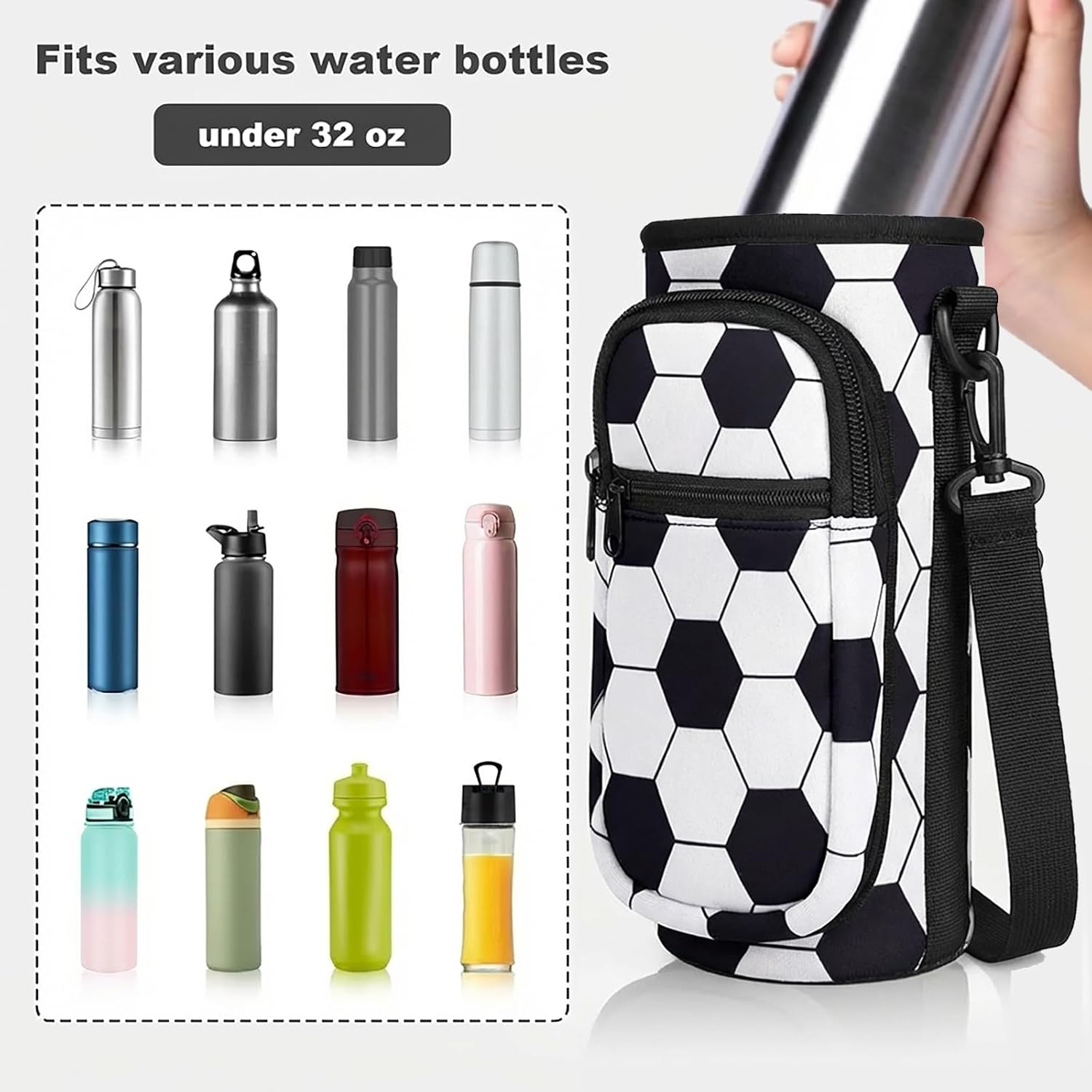 Crossbody Water Bottle Holder with Strap, Phone Pocket(SOCCER, 32, Ounces) | Insulated Neoprene, Sweat Proof Exterior, Dual Carry Options, Built-In Storage Slot, For Walking, Hiking, Camping And Gym - Image 5