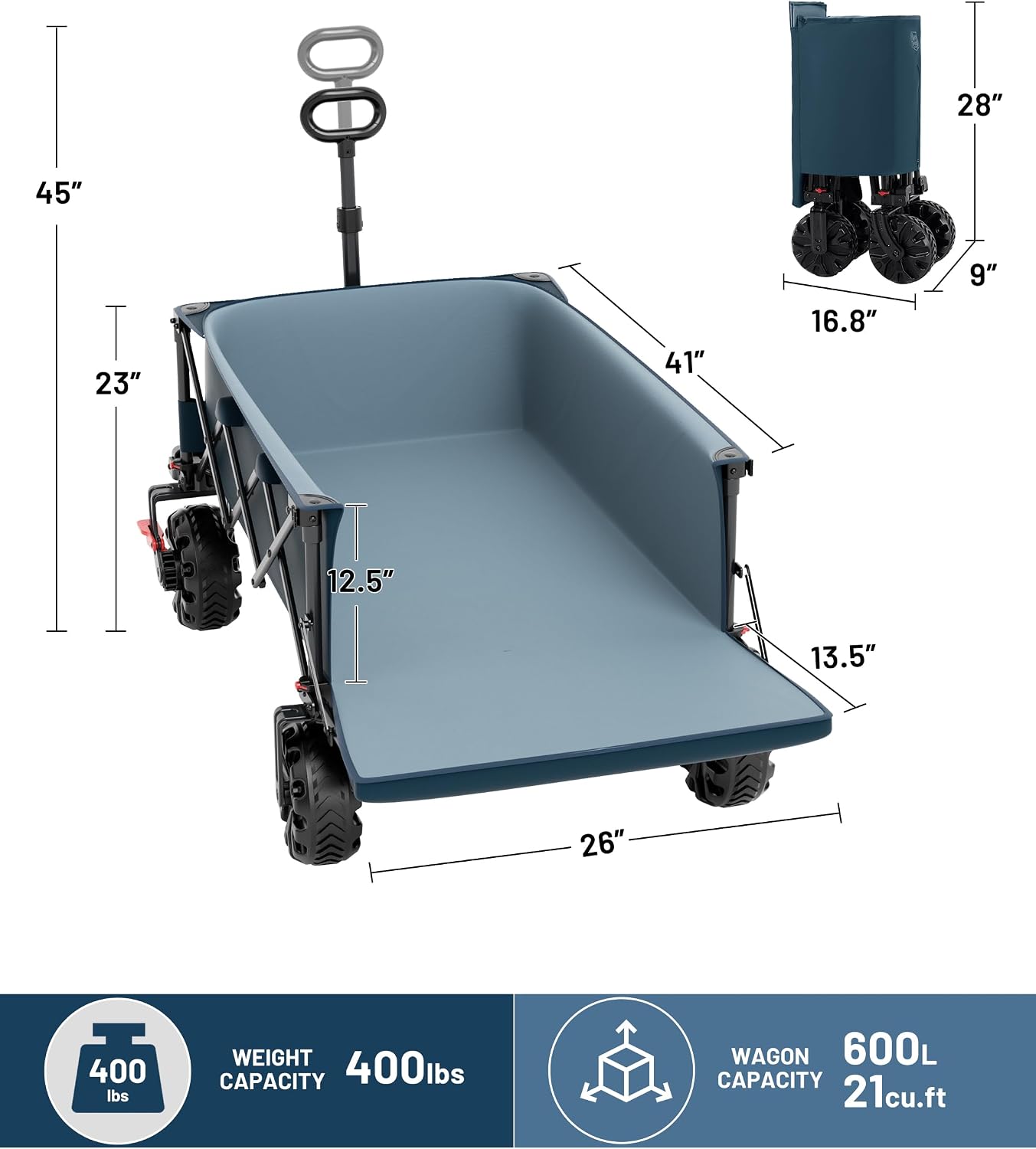 TIMBER RIDGE 600L Beast Wagon 26" W Extra Wide All Terrain Folding w/Big Wheels, Cargo Net & Tailgate, 26" W and 54.5" L, 400lbs Heavy Duty Collapsible Portable Cart for Camping, Sports, Dogs, Blue - Image 9