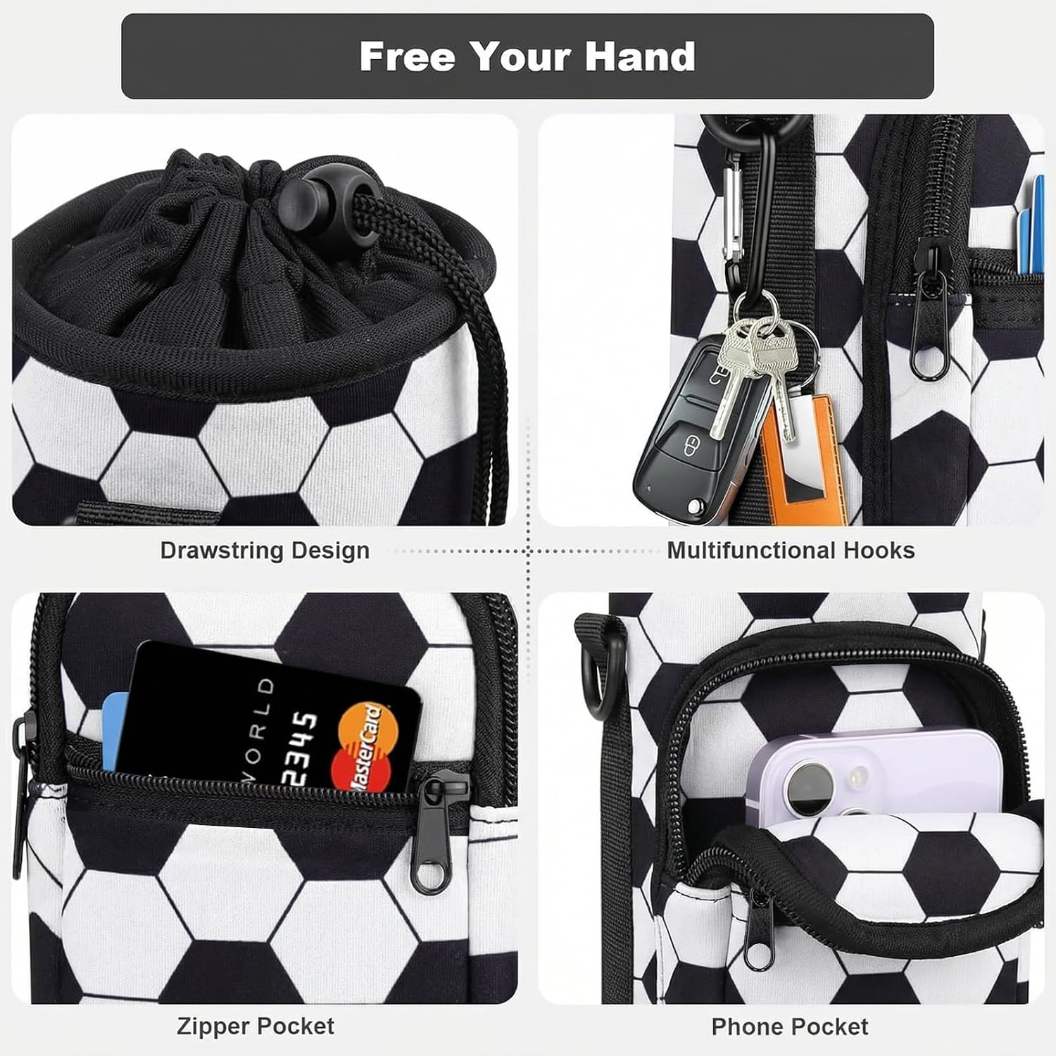 Crossbody Water Bottle Holder with Strap, Phone Pocket(SOCCER, 32, Ounces) | Insulated Neoprene, Sweat Proof Exterior, Dual Carry Options, Built-In Storage Slot, For Walking, Hiking, Camping And Gym - Image 3