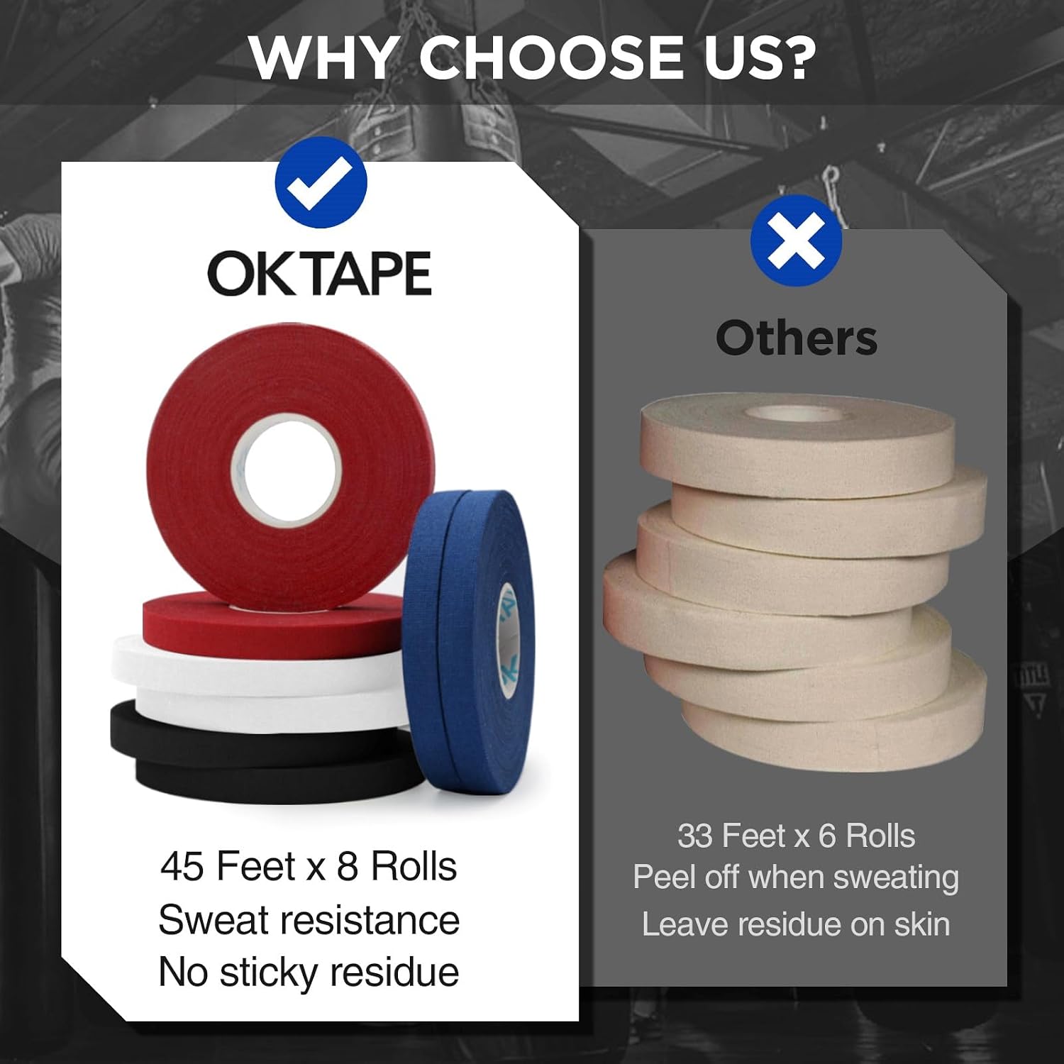OK TAPE 8 Rolls Athletic Tape, 0.3 Inch Finger Tape, Jiu Jitsu Sports Tape | for BJJ, Boxing, Climbing, Add Grip & Protect Fingers and Toes (0.3" x 45 Ft, Black+White+Navy Blue+Red) - Image 6