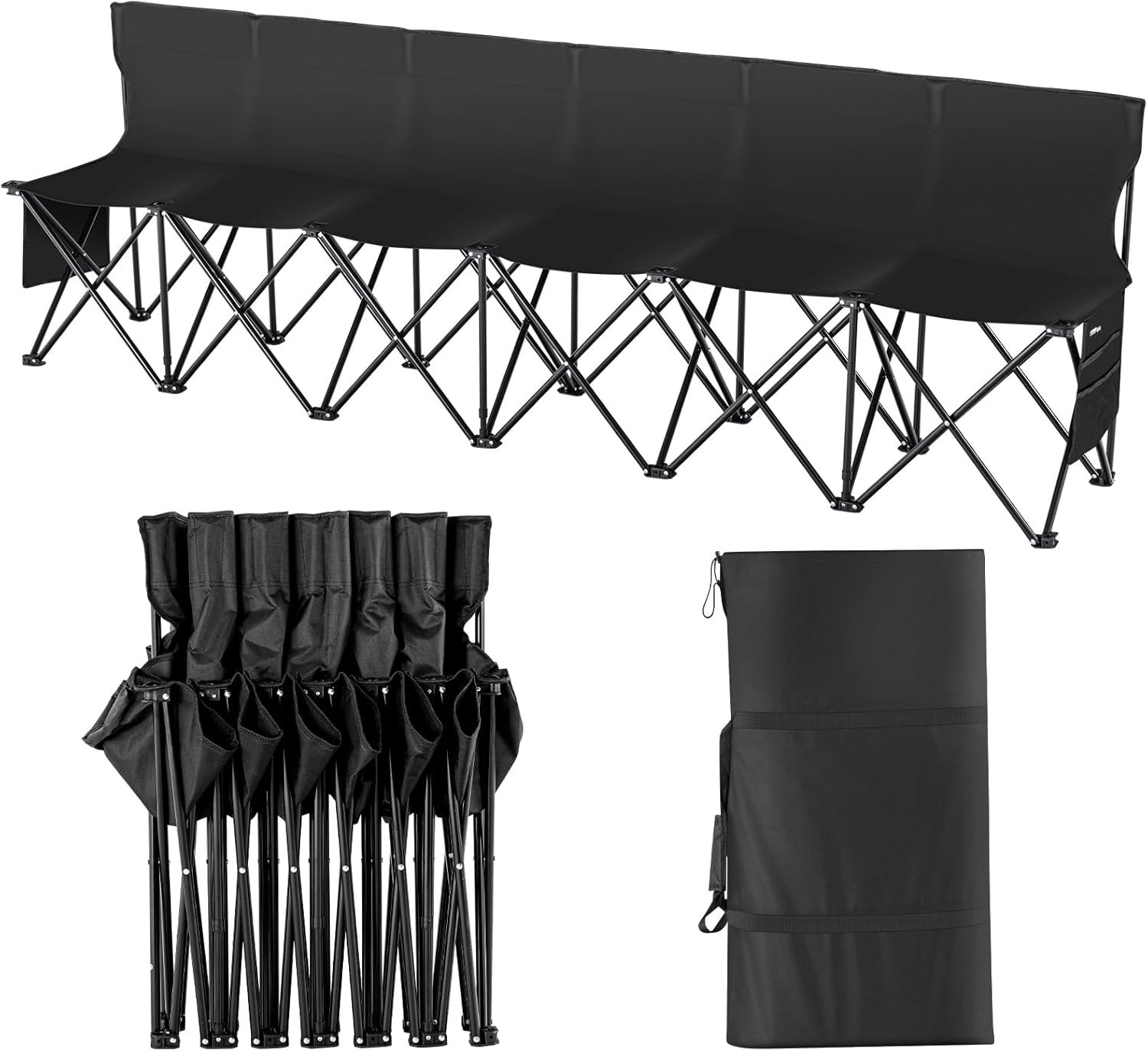 VEVOR Portable Folding B ench, 6 Seats Foldable Sideline B ench, Outdoor Camping Bench Chair with Carry Bag & Backrest, Team Sport Sideline B ench, No Assembly Instant Seating, Black | Lightweight Foldable Sideline Seating with Side Pockets, Carrying Bag, and Back Rest, for Football, Baseball, Camping, Black