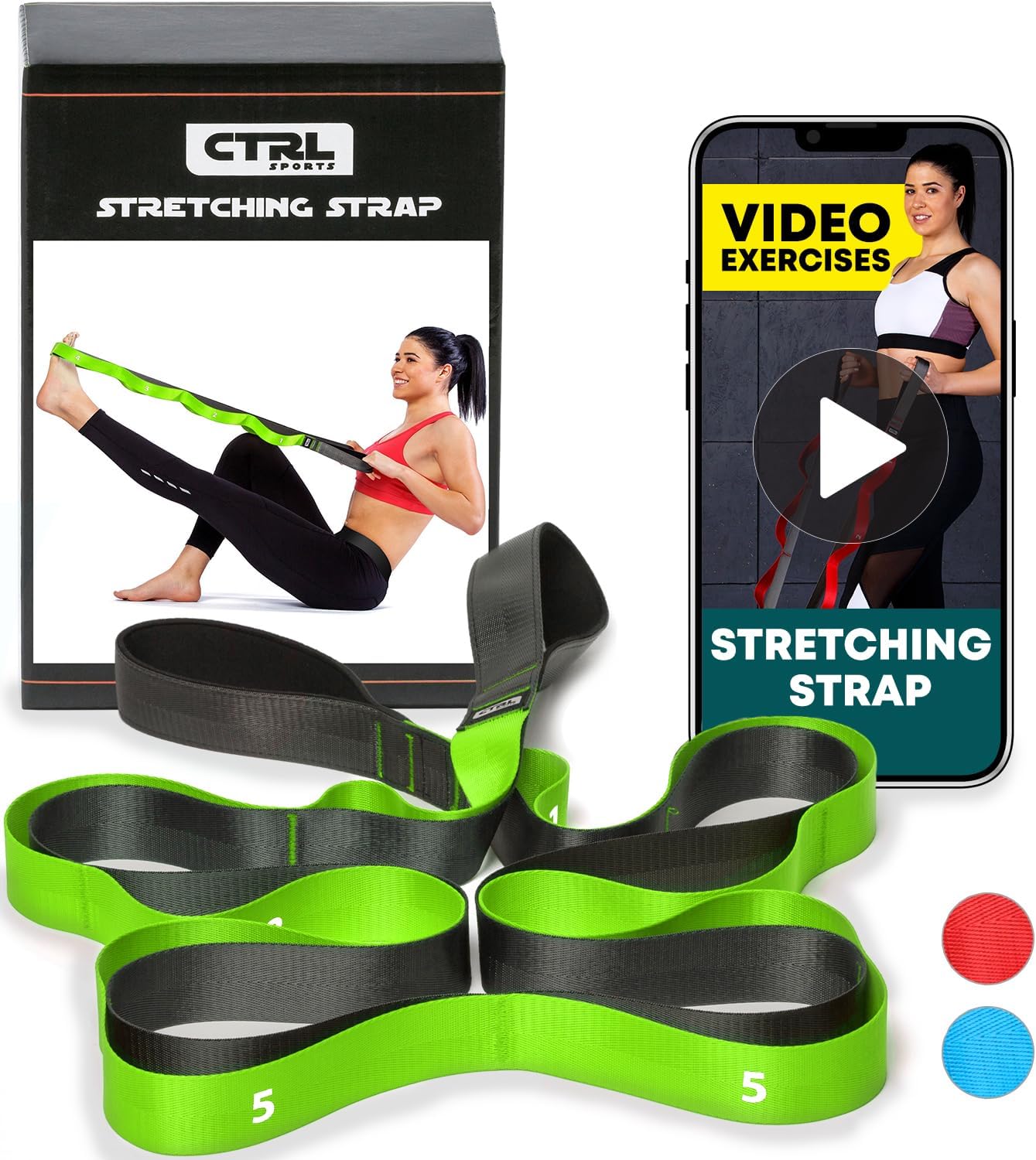 Stretching Strap with Loops - Non Elastic Yoga Strap for Physical Therapy | Video Exercises Included - Stretch bands for Stretching Equipment and Flexibility - Fascia, Hamstring & Leg Stretcher Belt