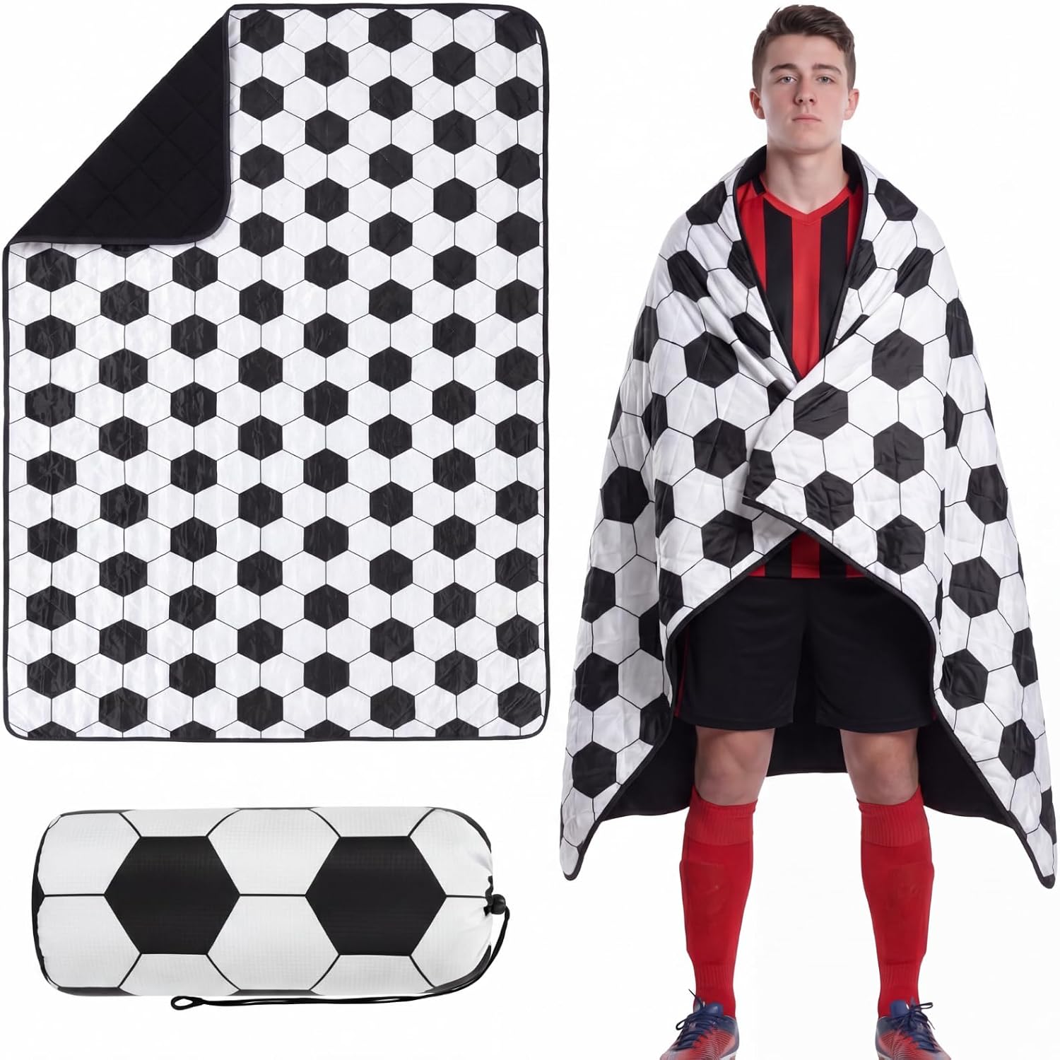 Outdoor Waterproof Stadium Blanket, 50'' x 60'' Soccer Pattern Fleece Blanket with Portable Bag for Camping Picnics Sporting Events, Gifts for Baseball Lovers, Sports Mom Must Haves