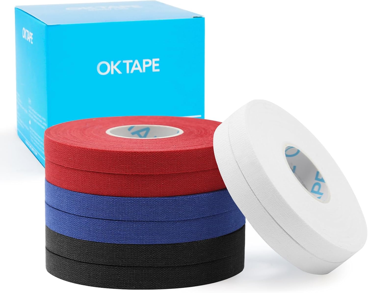 OK TAPE 8 Rolls Athletic Tape, 0.3 Inch Finger Tape, Jiu Jitsu Sports Tape | for BJJ, Boxing, Climbing, Add Grip & Protect Fingers and Toes (0.3" x 45 Ft, Black+White+Navy Blue+Red)