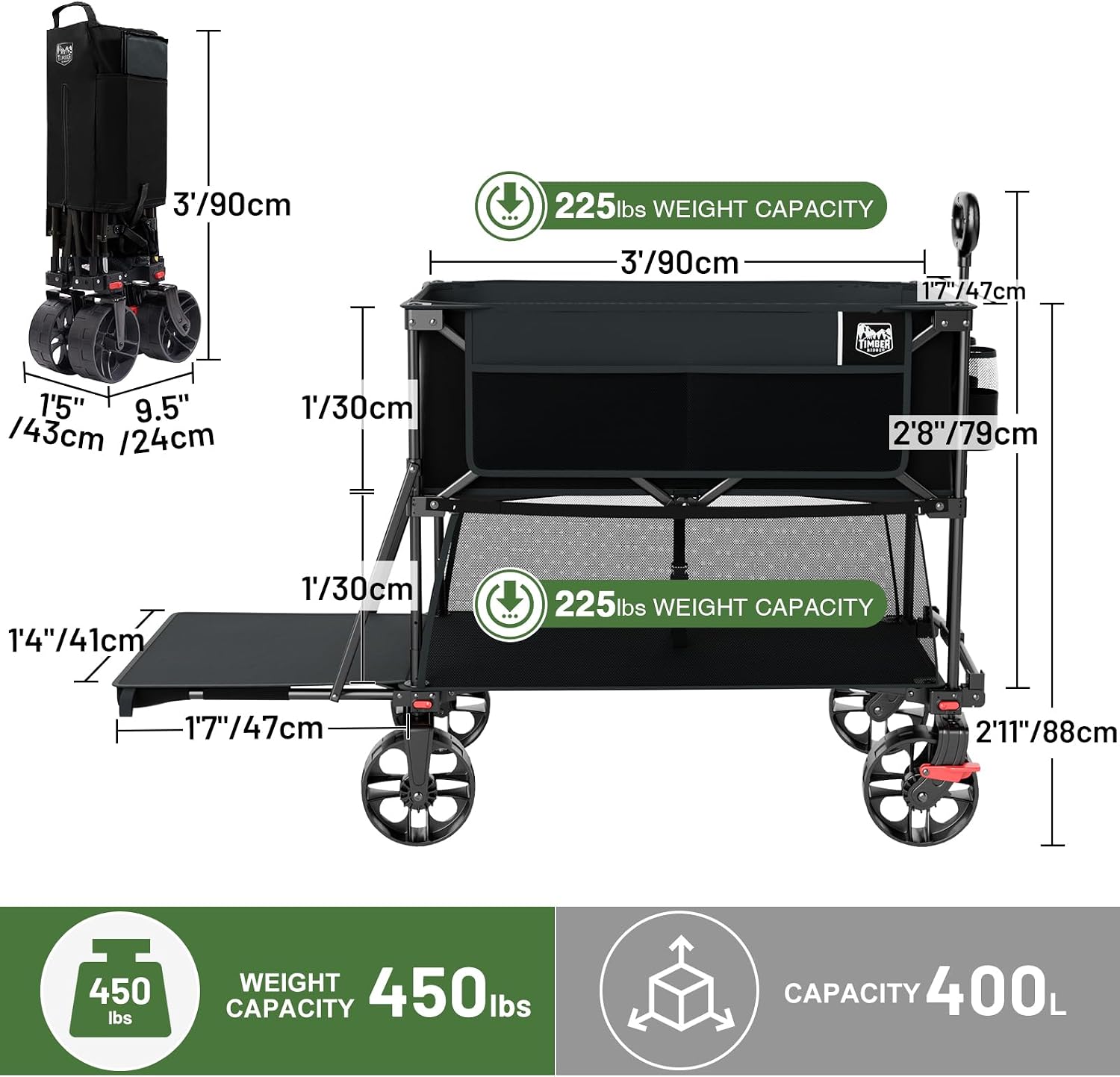 TIMBER RIDGE 400L Folding Double Decker Wagon with Brakes, 54" Extra Long | Extender Wagon Cart, 450lbs Heavy Duty Collapsible Cart with All-Terrain Big Wheels for Camping, Sports, Shopping - Image 9