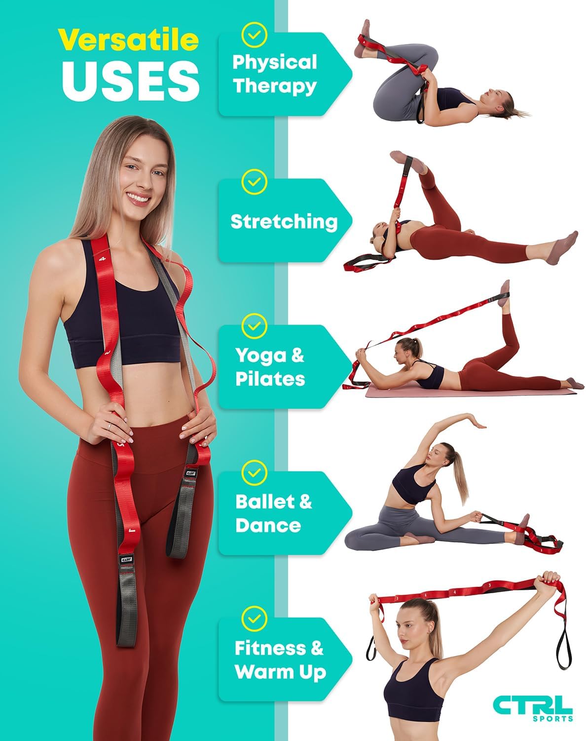 Stretching Strap with Loops - Non Elastic Yoga Strap for Physical Therapy | Video Exercises Included - Stretch bands for Stretching Equipment and Flexibility - Fascia, Hamstring & Leg Stretcher Belt - Image 5