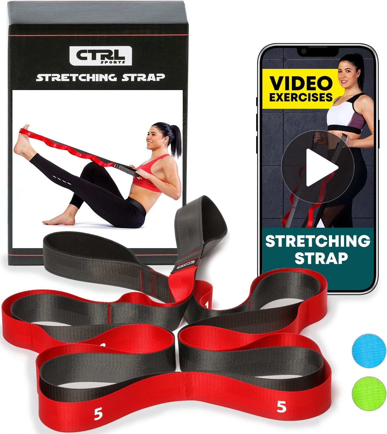 Stretching Strap with Loops - Non Elastic Yoga Strap for Physical Therapy | Video Exercises Included - Stretch bands for Stretching Equipment and Flexibility - Fascia, Hamstring & Leg Stretcher Belt