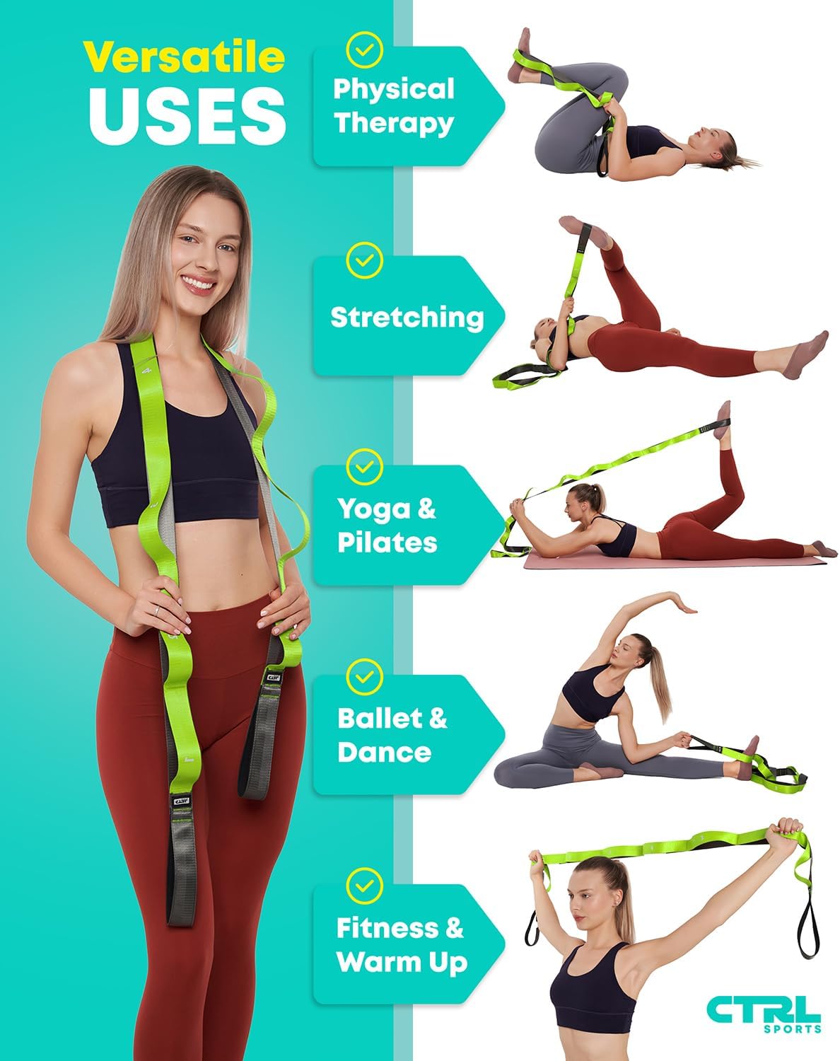 Stretching Strap with Loops - Non Elastic Yoga Strap for Physical Therapy | Video Exercises Included - Stretch bands for Stretching Equipment and Flexibility - Fascia, Hamstring & Leg Stretcher Belt - Image 5