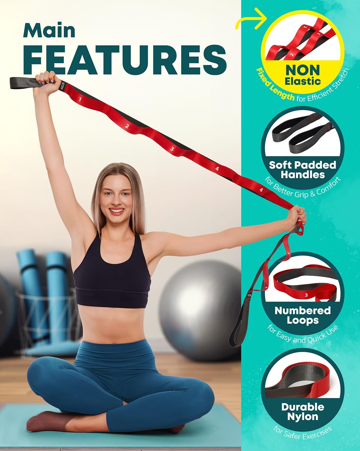 Stretching Strap with Loops - Non Elastic Yoga Strap for Physical Therapy | Video Exercises Included - Stretch bands for Stretching Equipment and Flexibility - Fascia, Hamstring & Leg Stretcher Belt - Image 4