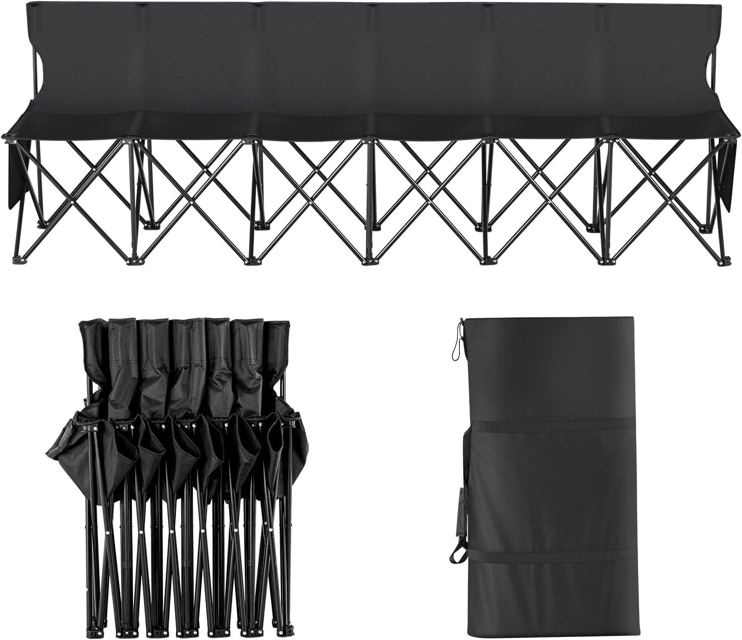 VEVOR Portable Folding B ench, 6 Seats Foldable Sideline B ench, Outdoor Camping Bench Chair with Carry Bag & Backrest, Team Sport Sideline B ench, No Assembly Instant Seating, Black | Lightweight Foldable Sideline Seating with Side Pockets, Carrying Bag, and Back Rest, for Football, Baseball, Camping, Black - Image 10