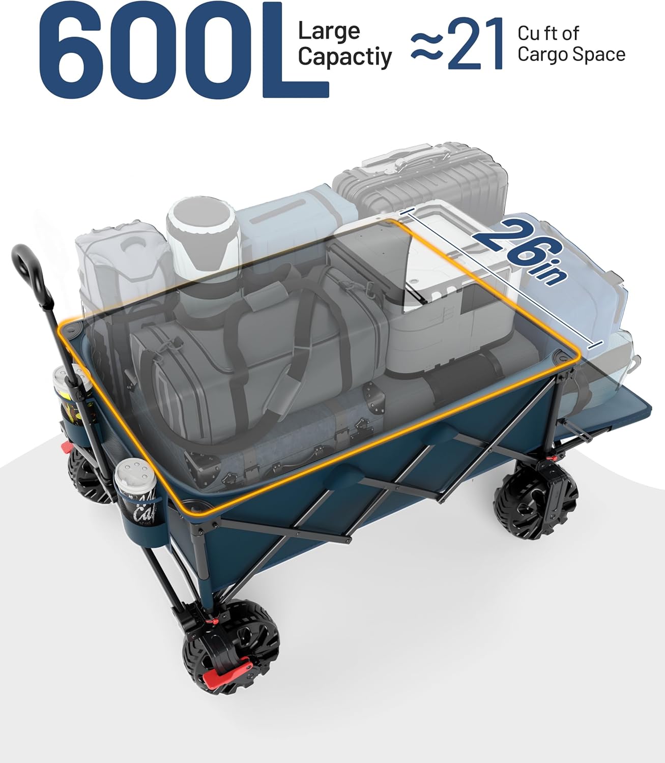 TIMBER RIDGE 600L Beast Wagon 26" W Extra Wide All Terrain Folding w/Big Wheels, Cargo Net & Tailgate, 26" W and 54.5" L, 400lbs Heavy Duty Collapsible Portable Cart for Camping, Sports, Dogs, Blue - Image 5