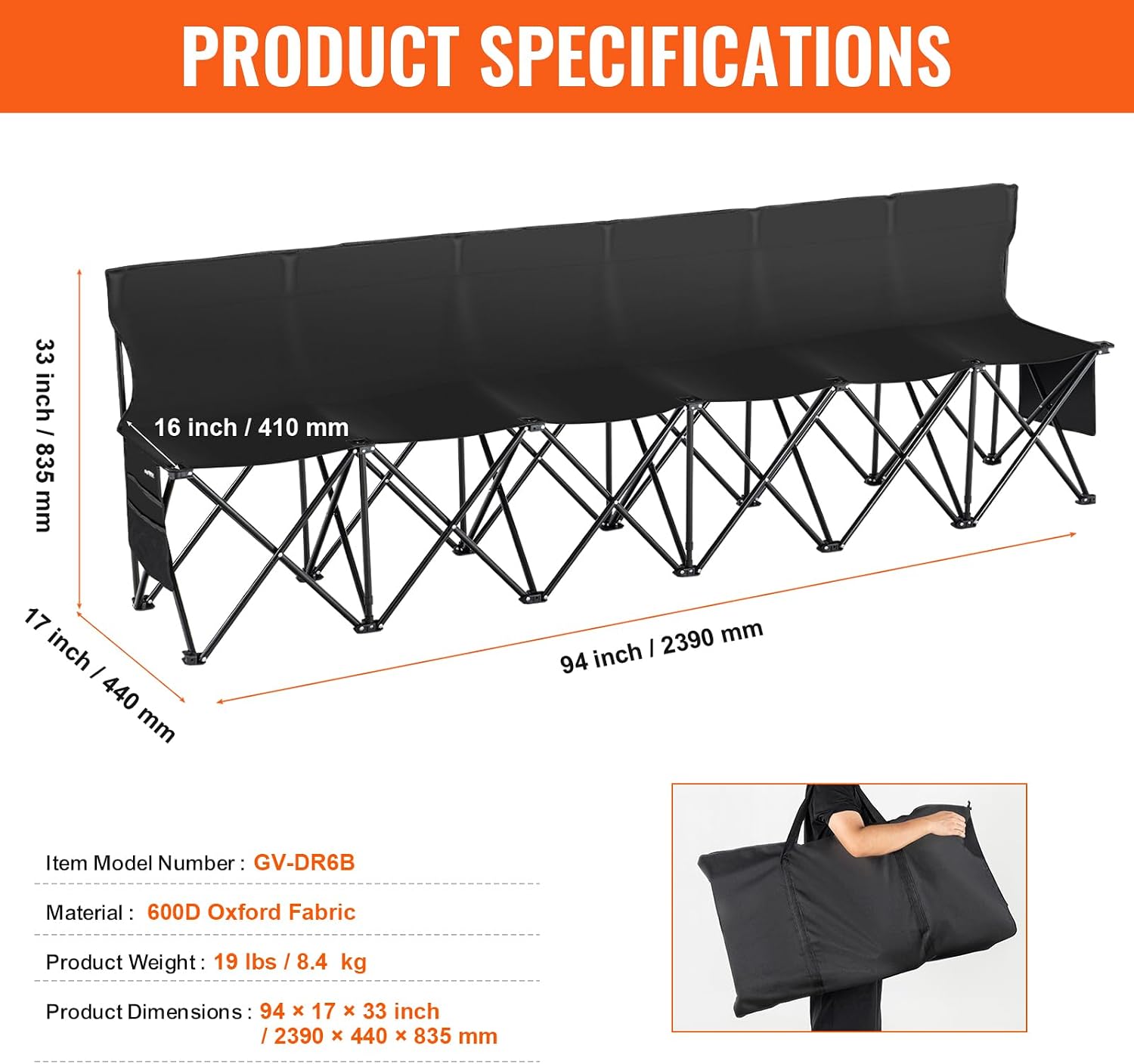 VEVOR Portable Folding B ench, 6 Seats Foldable Sideline B ench, Outdoor Camping Bench Chair with Carry Bag & Backrest, Team Sport Sideline B ench, No Assembly Instant Seating, Black | Lightweight Foldable Sideline Seating with Side Pockets, Carrying Bag, and Back Rest, for Football, Baseball, Camping, Black - Image 9