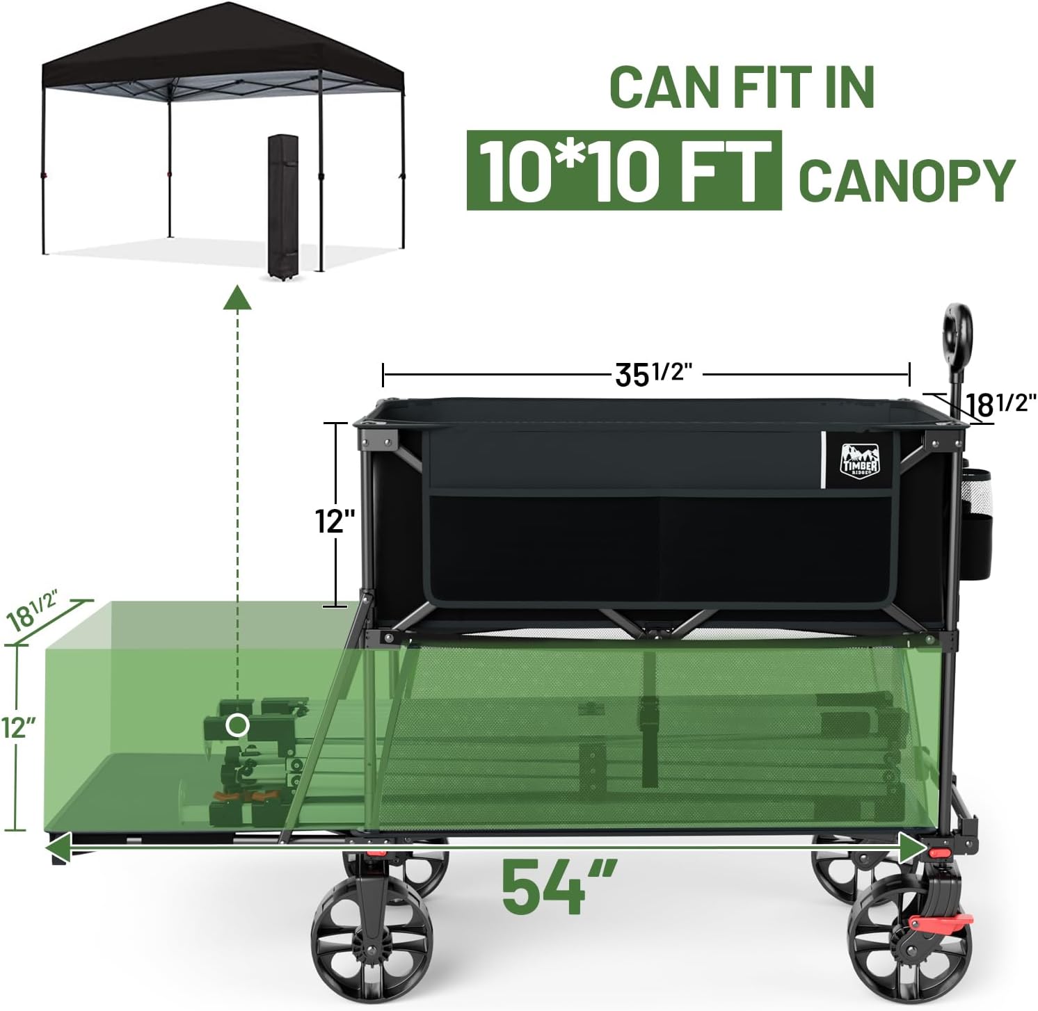 TIMBER RIDGE 400L Folding Double Decker Wagon with Brakes, 54" Extra Long | Extender Wagon Cart, 450lbs Heavy Duty Collapsible Cart with All-Terrain Big Wheels for Camping, Sports, Shopping - Image 3