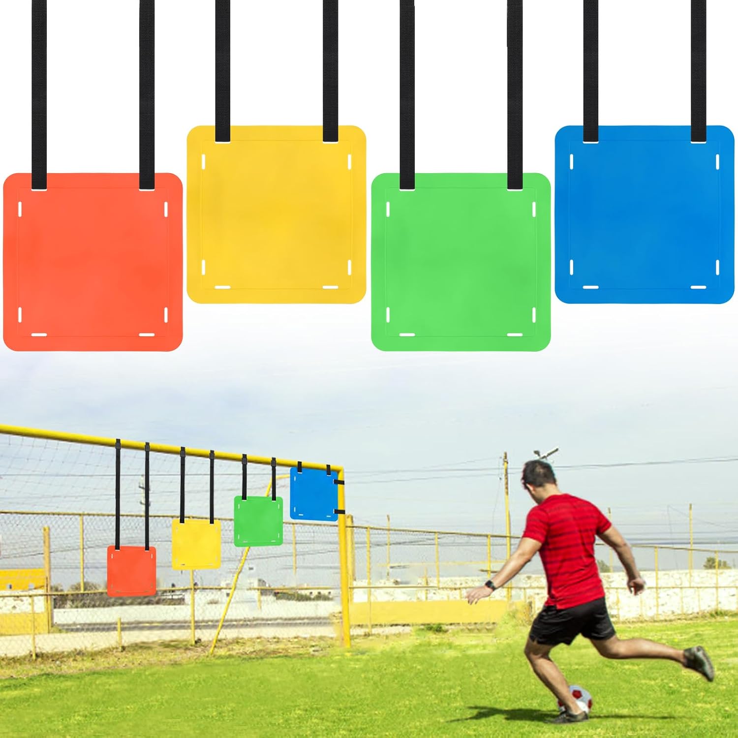 4PCS Soccer Goal Targets, 12" Sides Square with Adjustable Straps | 4 High-Visibility Colors to Improve Shooting Accuracy, Durable & Flexible TPE Material, Also Fits Lacrosse, Hockey & Baseball