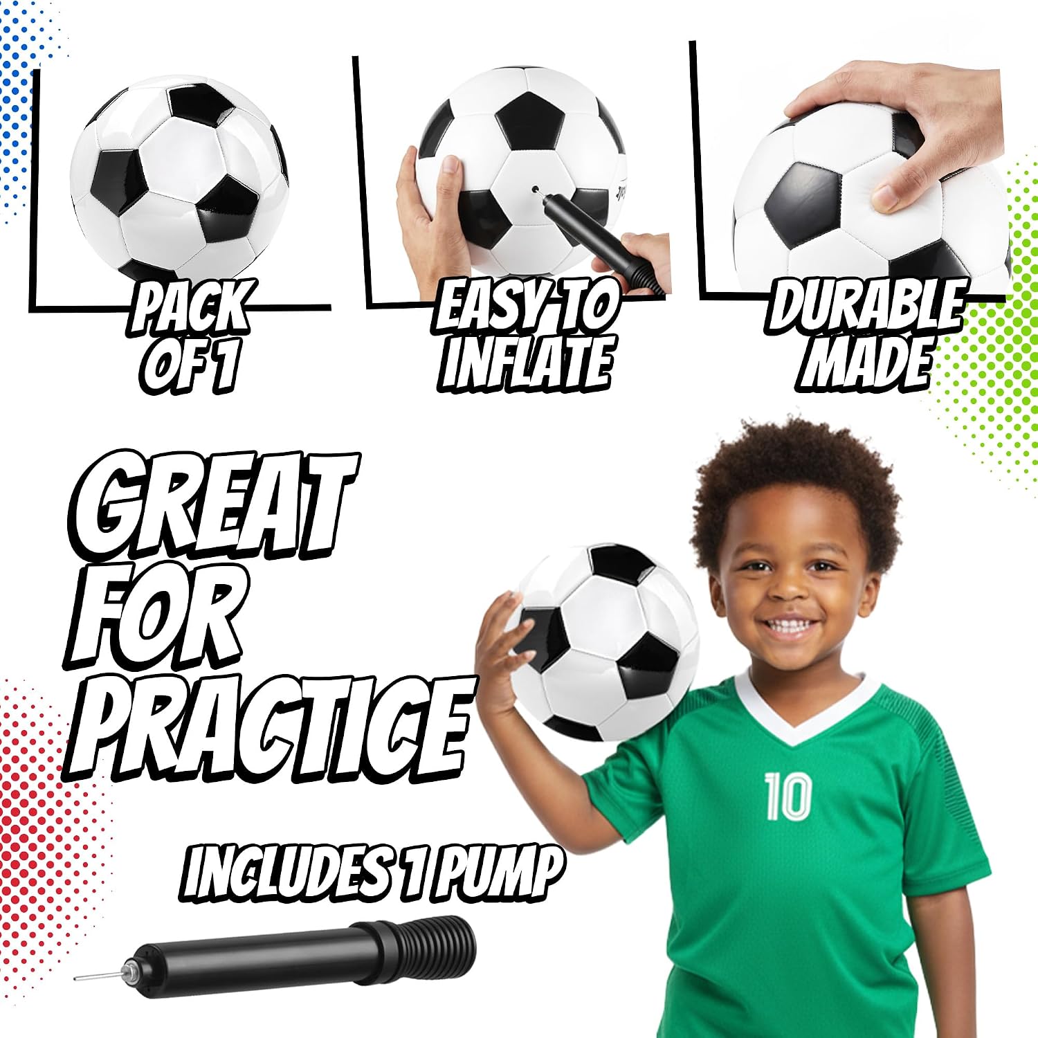 PlayBolt Black & White Soccer Balls - Sizes 2, 3, 4, 5 for Kids, Toddlers & Adults - Pack of 1 or 4 with Pump - Image 2