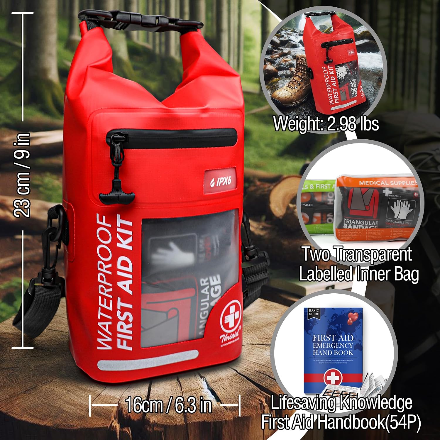 250 PCS Waterproof First Aid Kit, Roll Top Reflective Boat Dry Bag Bug Out Bags, Emergency Medical Kit Ideal for Boating, Camping, Fishing, Kayaking, Floating, Red - Image 7