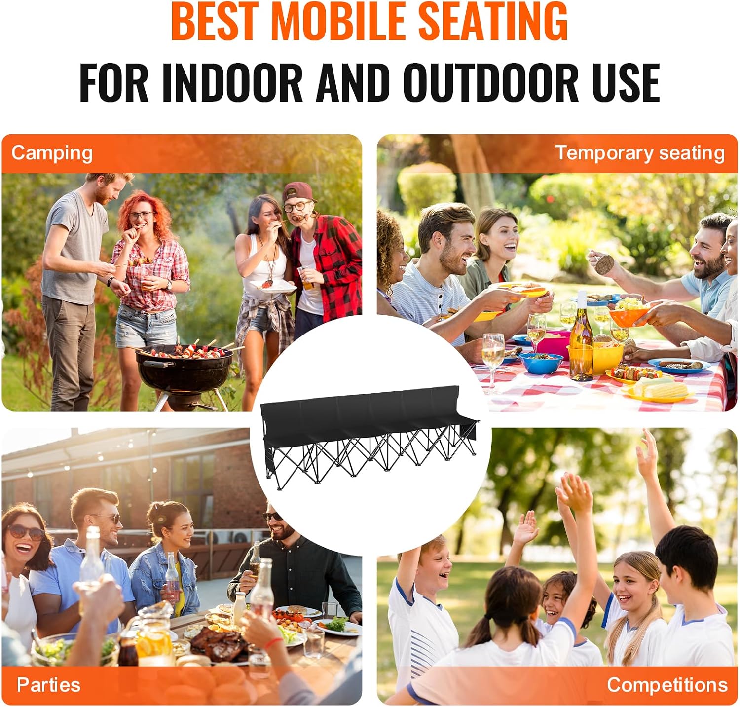 VEVOR Portable Folding B ench, 6 Seats Foldable Sideline B ench, Outdoor Camping Bench Chair with Carry Bag & Backrest, Team Sport Sideline B ench, No Assembly Instant Seating, Black | Lightweight Foldable Sideline Seating with Side Pockets, Carrying Bag, and Back Rest, for Football, Baseball, Camping, Black - Image 8