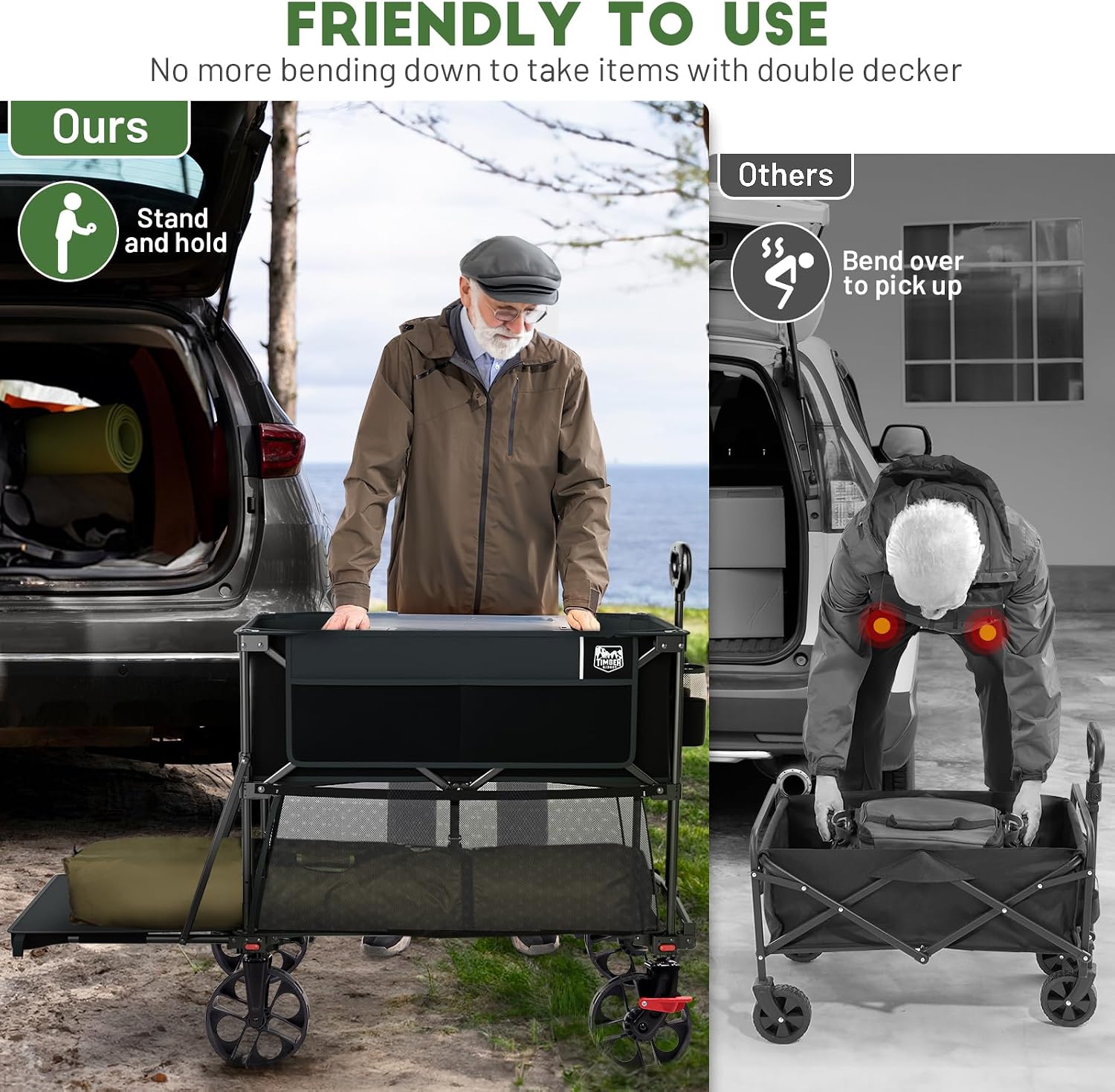 TIMBER RIDGE 400L Folding Double Decker Wagon with Brakes, 54" Extra Long | Extender Wagon Cart, 450lbs Heavy Duty Collapsible Cart with All-Terrain Big Wheels for Camping, Sports, Shopping - Image 4