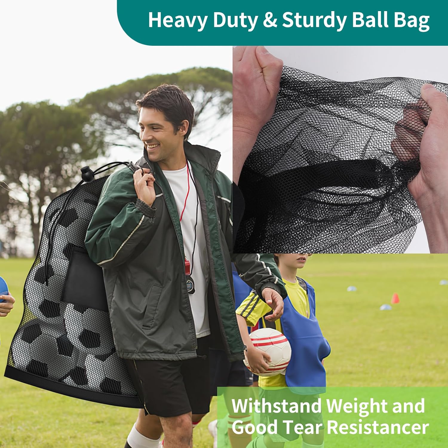 Extra Large Soccer Ball Bag, 40"x30" Drawstring Heavy Duty Mesh Net | Hold 10-12 Basketball Volleyball, Adjustable Strap and Pocket, Sport Sack for Coaches, Teams, Gym Equipment, Swimming Gear - Image 3