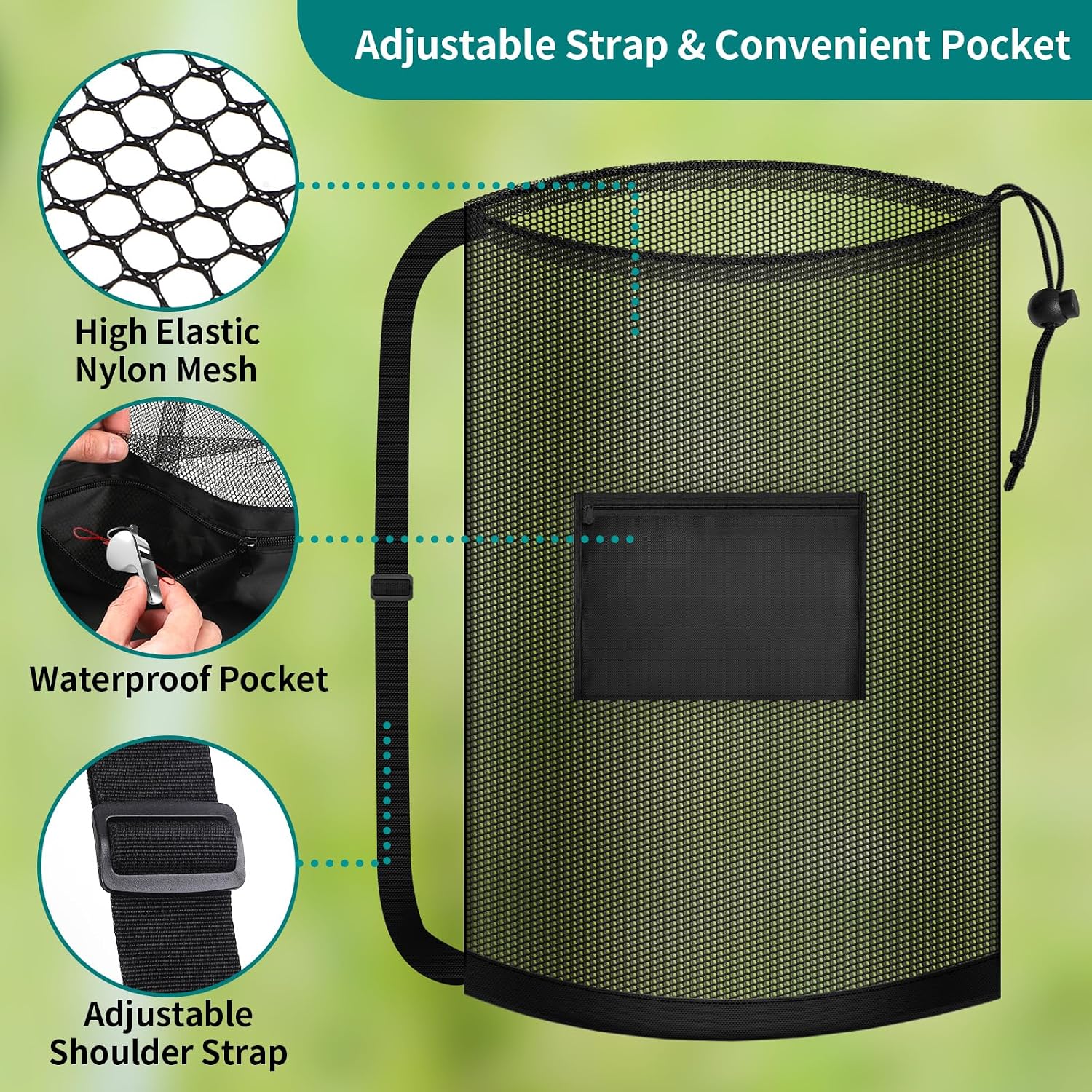 Extra Large Soccer Ball Bag, 40"x30" Drawstring Heavy Duty Mesh Net | Hold 10-12 Basketball Volleyball, Adjustable Strap and Pocket, Sport Sack for Coaches, Teams, Gym Equipment, Swimming Gear - Image 4