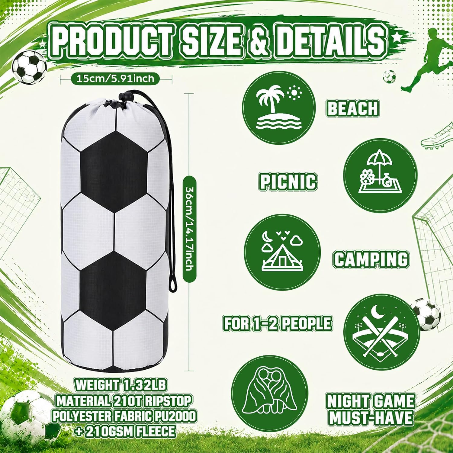 Outdoor Waterproof Stadium Blanket, 50'' x 60'' Soccer Pattern Fleece Blanket with Portable Bag for Camping Picnics Sporting Events, Gifts for Baseball Lovers, Sports Mom Must Haves - Image 3