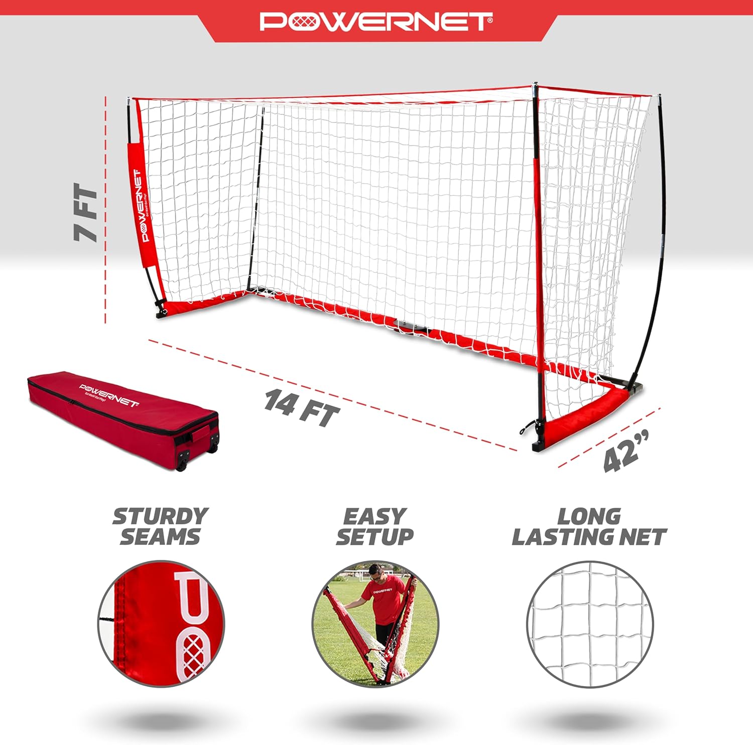 PowerNet Soccer Goal for Backyard, 3Mx2M / 6x4 / 8x4 / 12x6 / 14x7 /18.5x6.5 / 21x7 / 24 x 8 Portable Soccer Net, Sports & Outdoors Training Equipment, Quick Setup 1 Goal & Zipper Storage Bag - Image 3