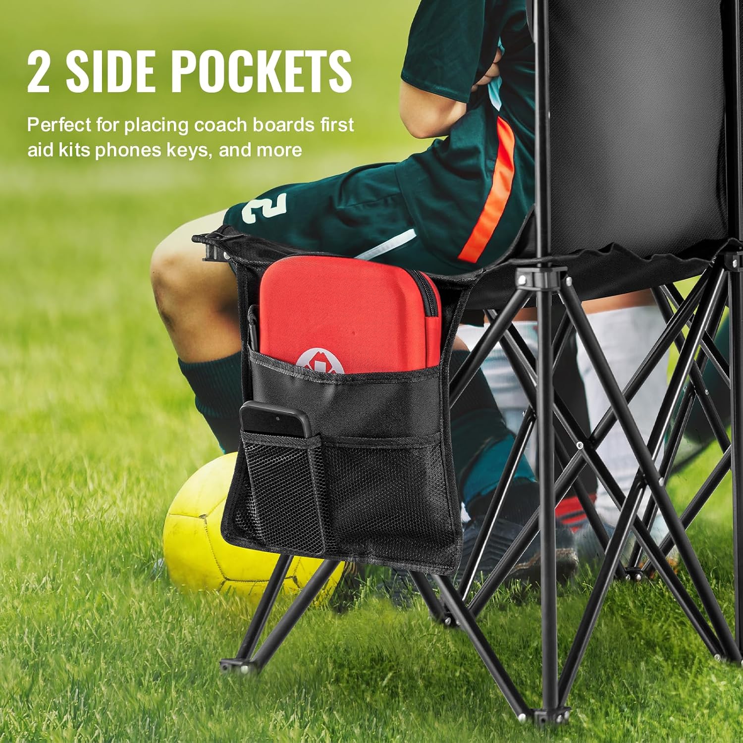 VEVOR Portable Folding B ench, 6 Seats Foldable Sideline B ench, Outdoor Camping Bench Chair with Carry Bag & Backrest, Team Sport Sideline B ench, No Assembly Instant Seating, Black | Lightweight Foldable Sideline Seating with Side Pockets, Carrying Bag, and Back Rest, for Football, Baseball, Camping, Black - Image 4