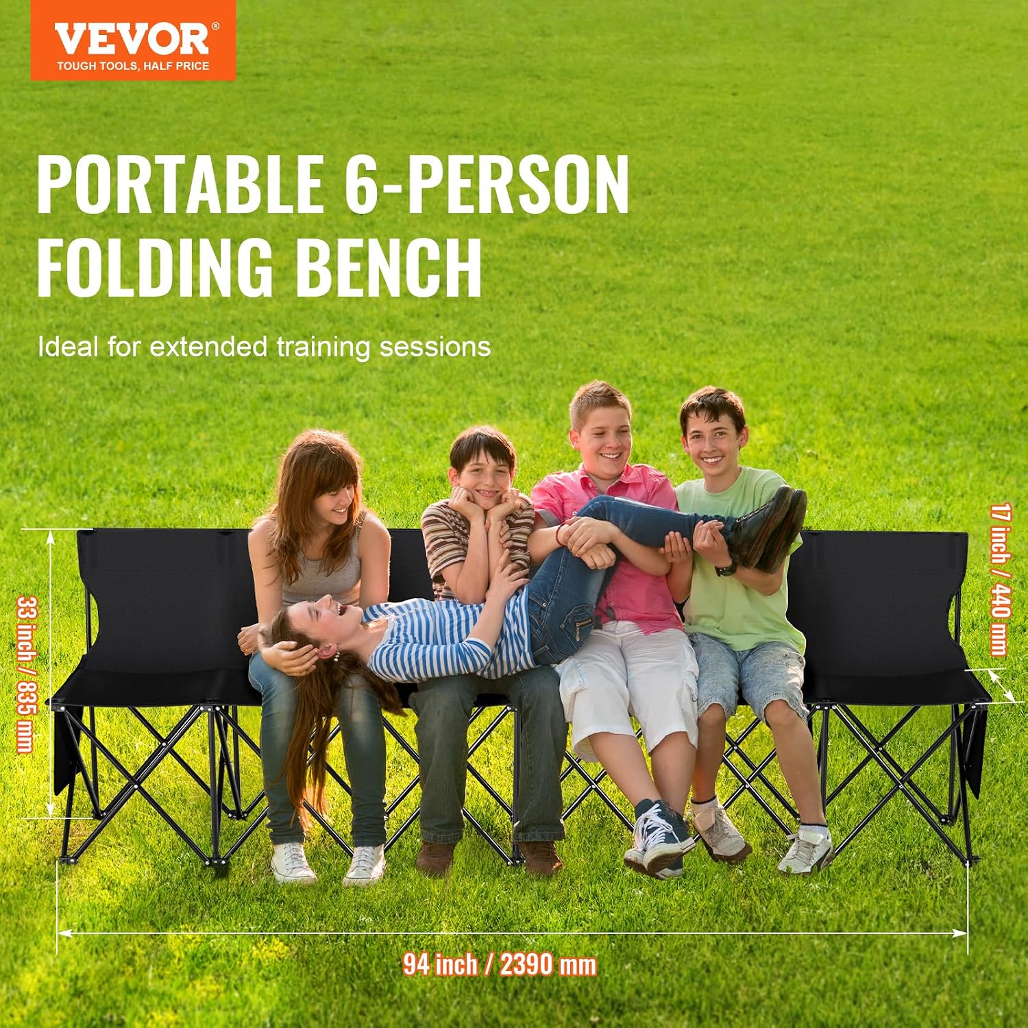 VEVOR Portable Folding B ench, 6 Seats Foldable Sideline B ench, Outdoor Camping Bench Chair with Carry Bag & Backrest, Team Sport Sideline B ench, No Assembly Instant Seating, Black | Lightweight Foldable Sideline Seating with Side Pockets, Carrying Bag, and Back Rest, for Football, Baseball, Camping, Black - Image 3