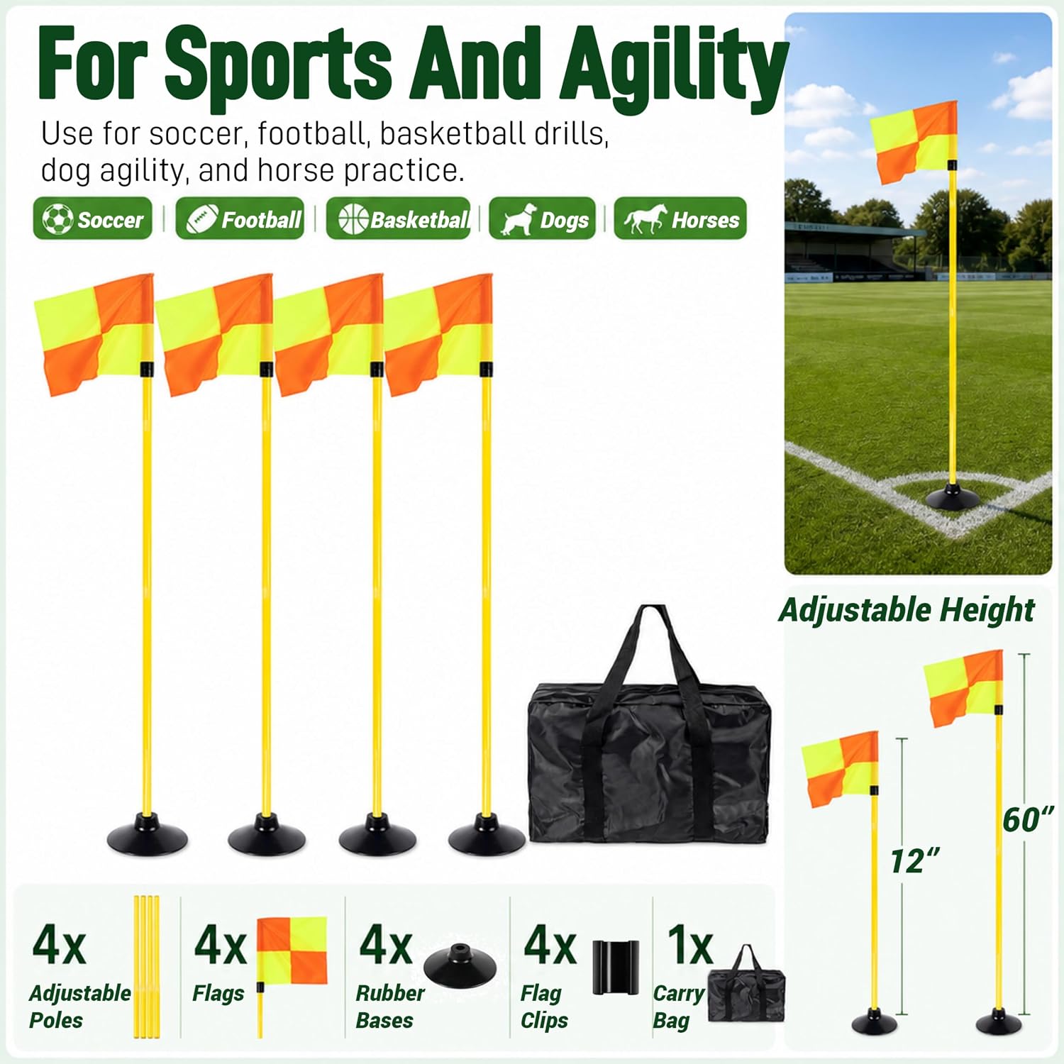 4 Set Soccer Corner Flags, 5 FT Adjustable Poles, Rubber Bases | Speed and Agility Training Equipment, Portable Field Marker Set With Storage Bag for Soccer Practice, Dog and Horse Agility - Image 7