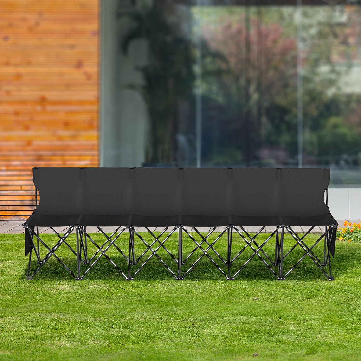 VEVOR Portable Folding B ench, 6 Seats Foldable Sideline B ench, Outdoor Camping Bench Chair with Carry Bag & Backrest, Team Sport Sideline B ench, No Assembly Instant Seating, Black | Lightweight Foldable Sideline Seating with Side Pockets, Carrying Bag, and Back Rest, for Football, Baseball, Camping, Black - Image 2