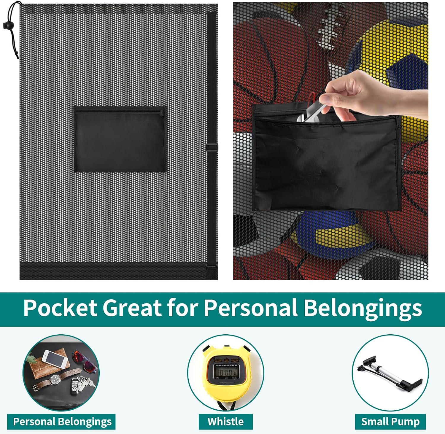 Extra Large Soccer Ball Bag, 40"x30" Drawstring Heavy Duty Mesh Net | Hold 10-12 Basketball Volleyball, Adjustable Strap and Pocket, Sport Sack for Coaches, Teams, Gym Equipment, Swimming Gear - Image 6