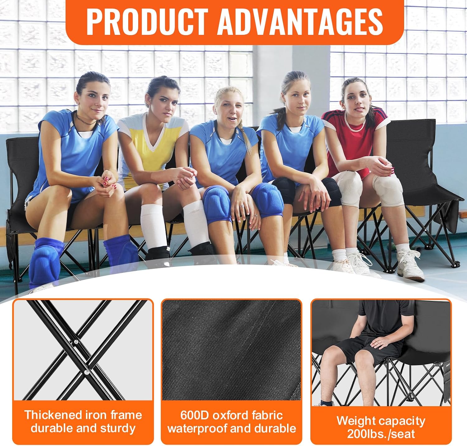 VEVOR Portable Folding B ench, 6 Seats Foldable Sideline B ench, Outdoor Camping Bench Chair with Carry Bag & Backrest, Team Sport Sideline B ench, No Assembly Instant Seating, Black | Lightweight Foldable Sideline Seating with Side Pockets, Carrying Bag, and Back Rest, for Football, Baseball, Camping, Black - Image 6