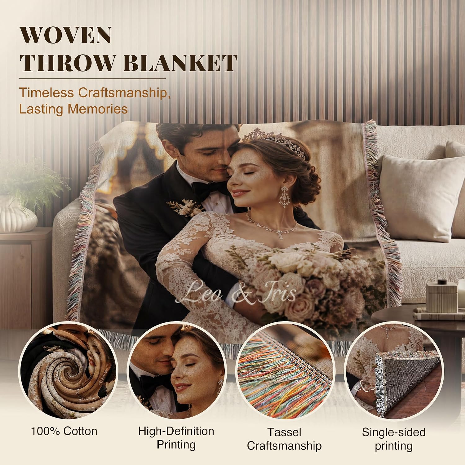 Custom Woven Photo Tapestry Blanket 100% Cotton Picture Tapestry Decor | Personalized Wedding Room Decor - Image 3